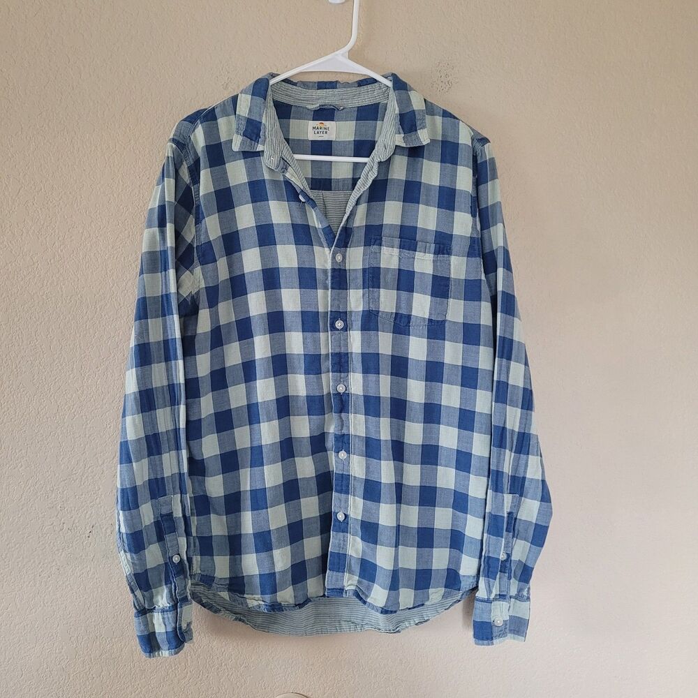 Marine Layer Mens Blue Checkered Long Sleeve Button Down Shirt Size Large Cotton